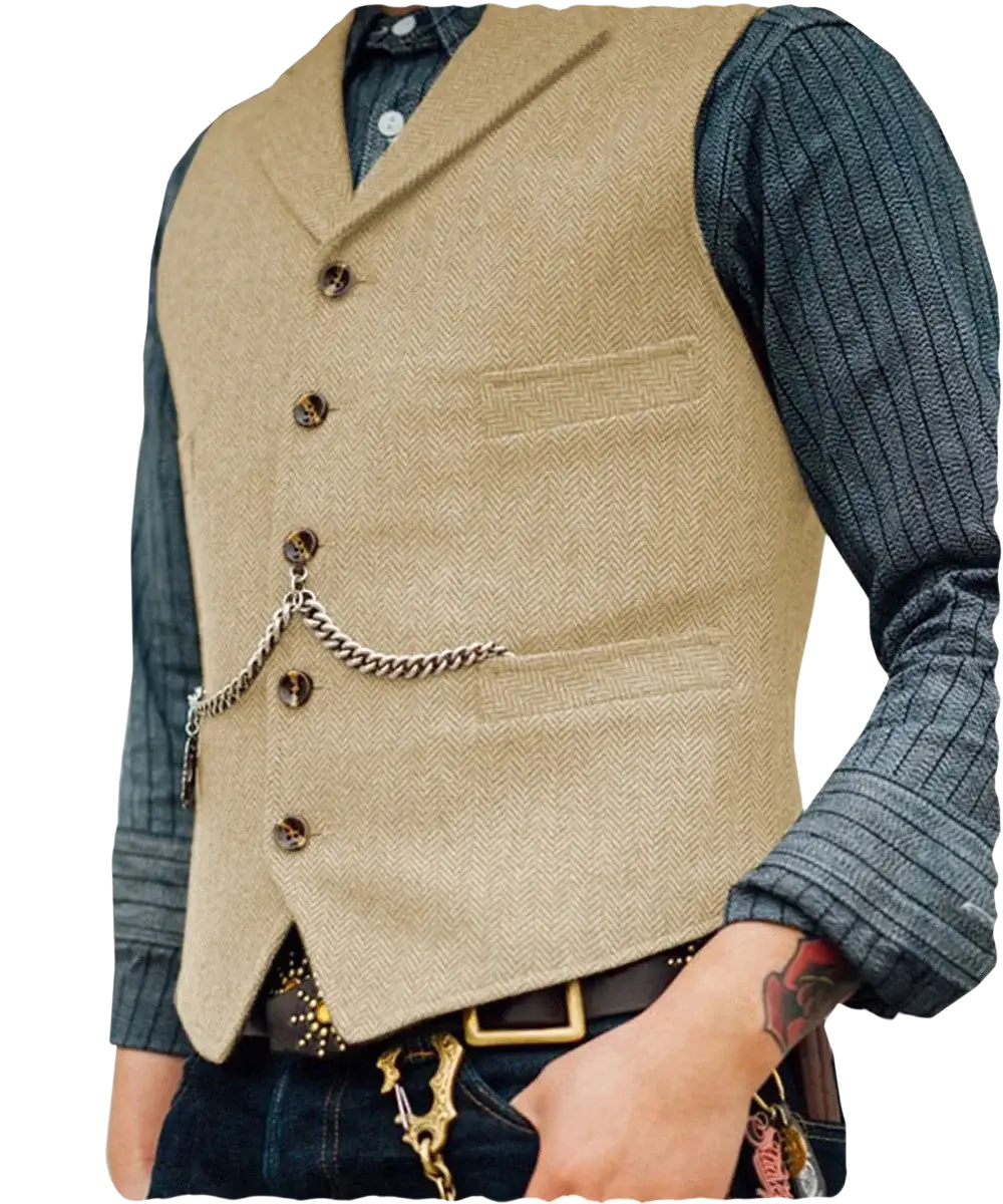 Mens herringbone tweed suit vest waistcoat in beige wool with dark brown buttons and silver chain detail on front