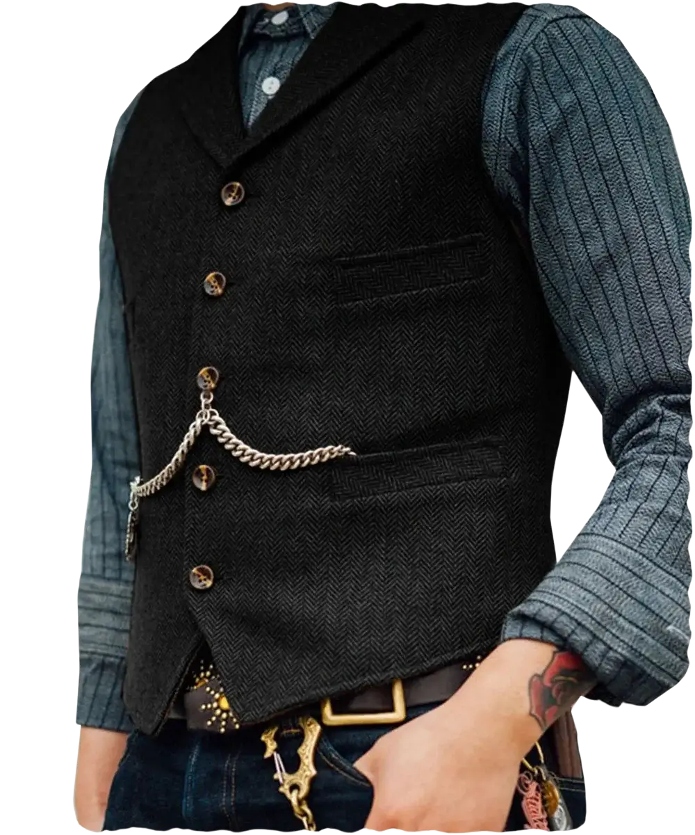Mens herringbone tweed suit vest waistcoat in black wool with brass buttons and silver chain on front pocket