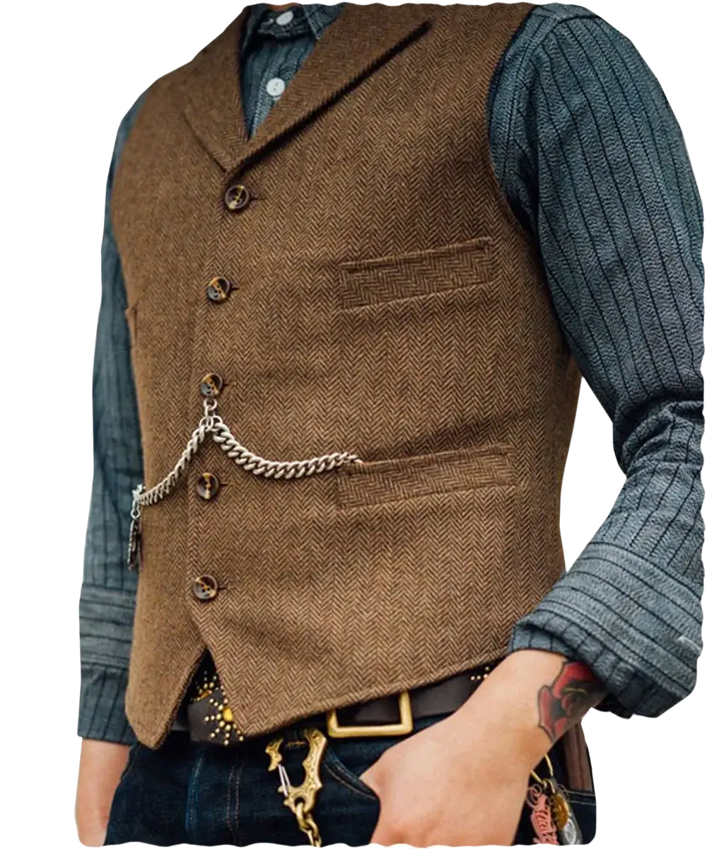 Mens herringbone tweed suit vest waistcoat in brown wool with dark brown buttons and a silver chain on the front