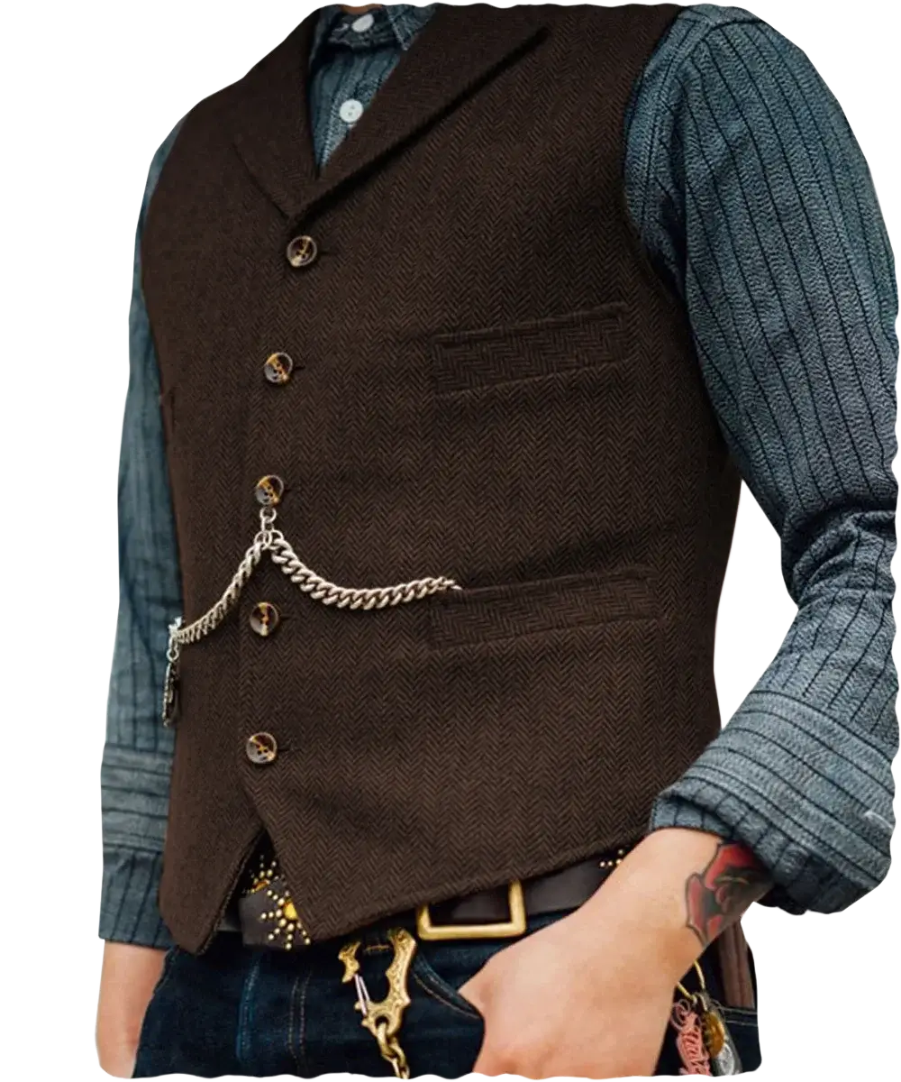 Mens herringbone tweed suit vest waistcoat brown wool with brass buttons and a silver chain attached to the front