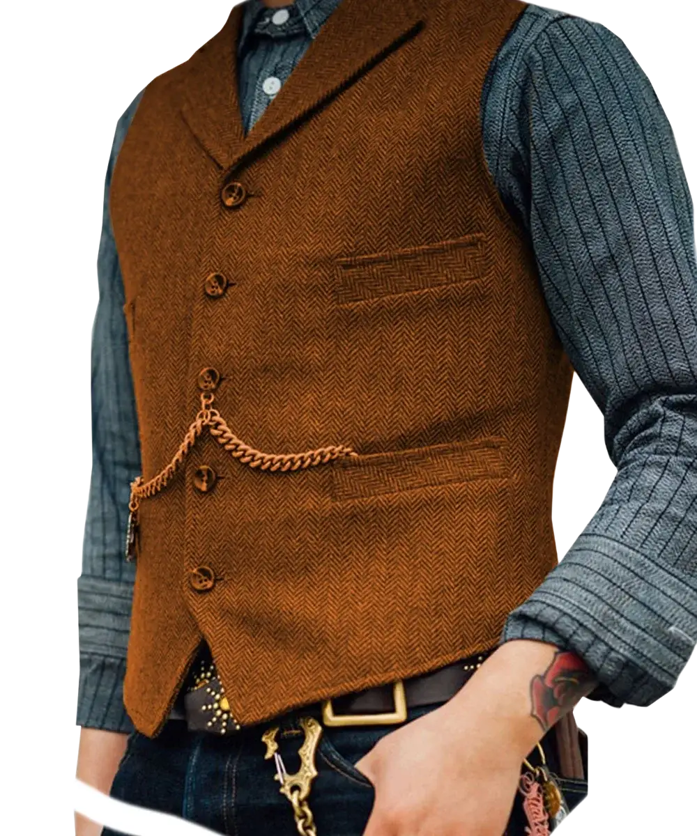 Mens herringbone tweed suit vest waistcoat in brown wool with wooden buttons and brass chain pocket watch strap