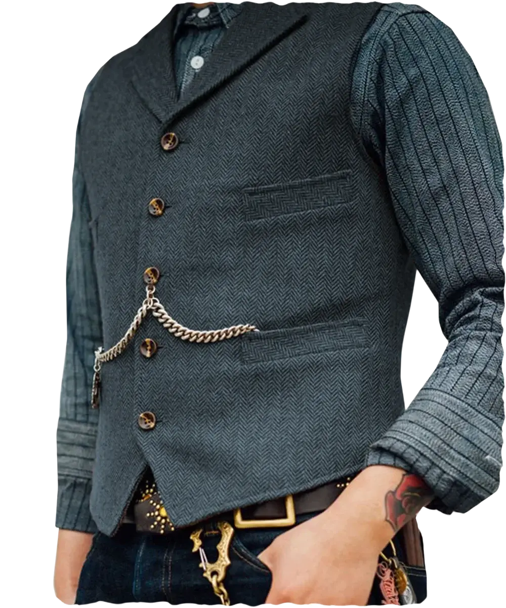 Mens herringbone tweed suit vest waistcoat in dark gray wool with brass buttons and silver chain pocket watch strap