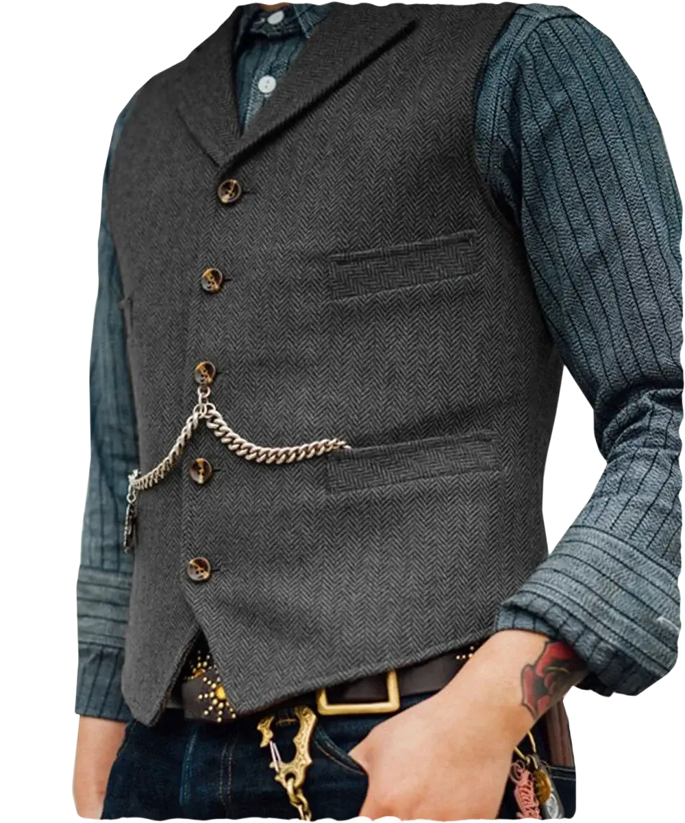 Mens herringbone tweed suit vest waistcoat in dark gray wool with brass buttons and a silver chain detail on front