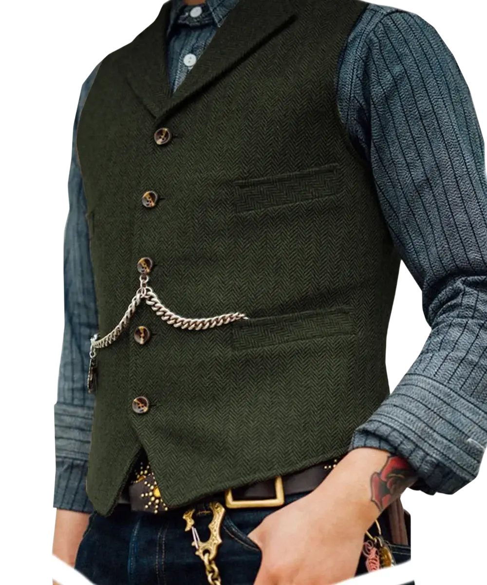 Mens herringbone tweed suit vest waistcoat in dark green wool with brass buttons and a silver chain detail