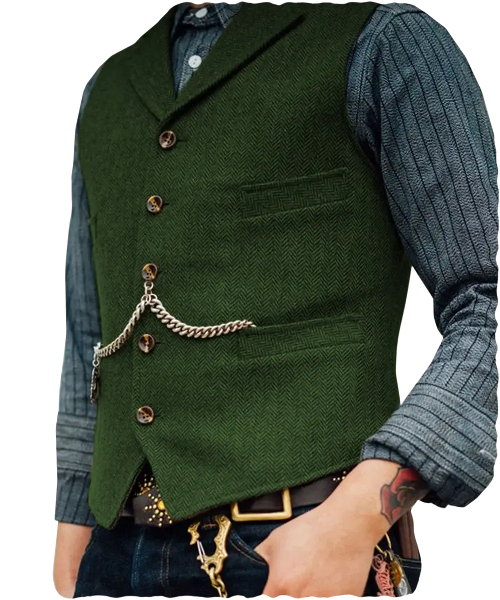 Mens herringbone tweed suit vest waistcoat in dark green wool with brown buttons and a silver chain on the front