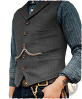 Mens herringbone tweed suit vest waistcoat in dark gray wool with brass buttons and a silver chain detail on front