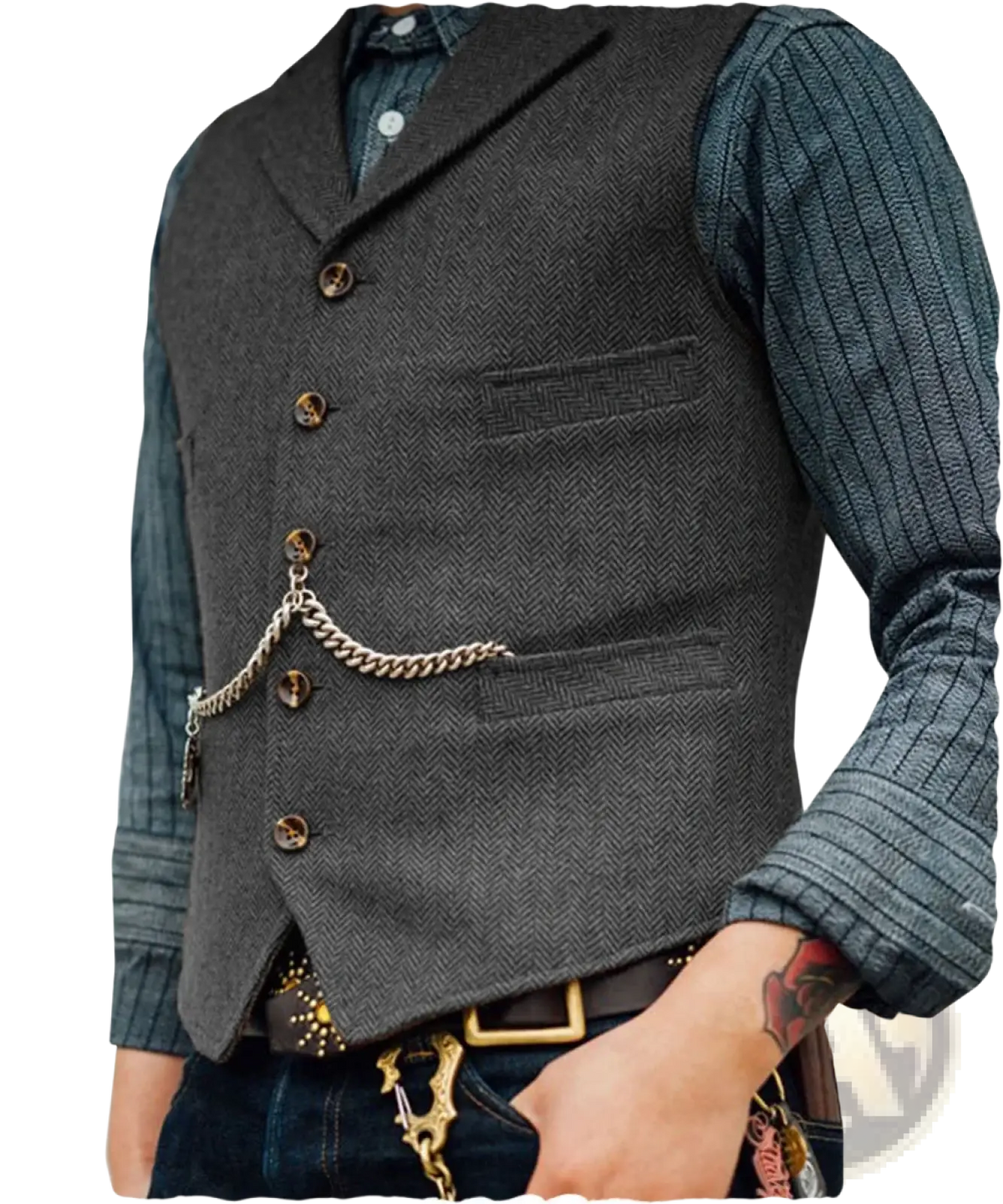 Mens herringbone tweed suit vest waistcoat in dark gray wool with brass buttons and a silver chain detail on front