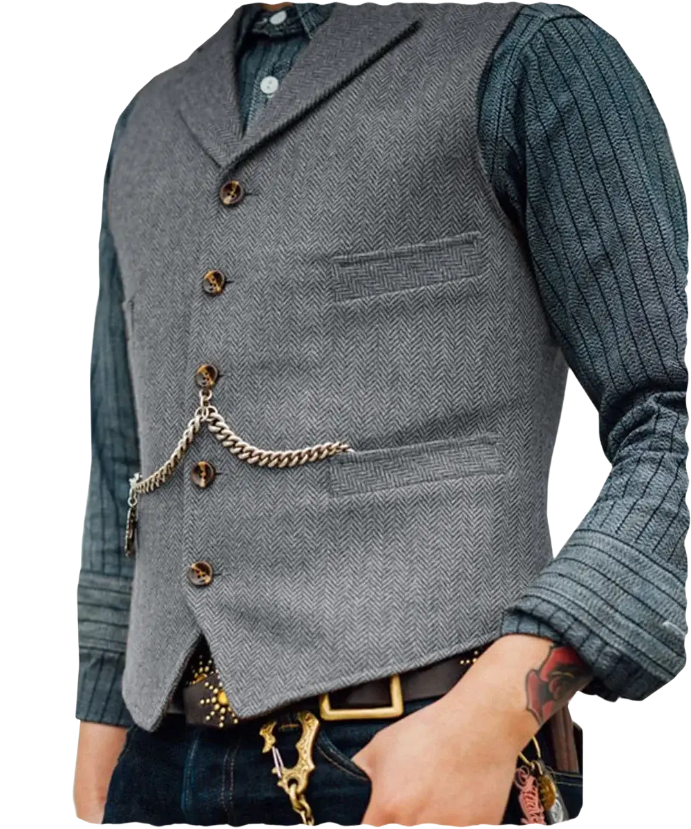 Mens herringbone tweed suit vest waistcoat in gray wool with brown buttons and a silver chain attached to the front