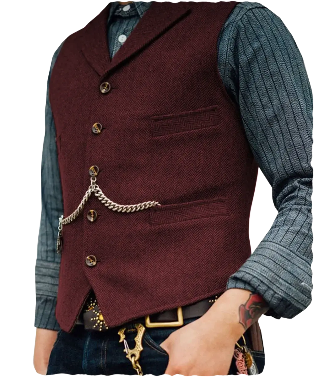 Mens herringbone tweed suit vest waistcoat in maroon wool with brass buttons and silver chain pocket watch strap