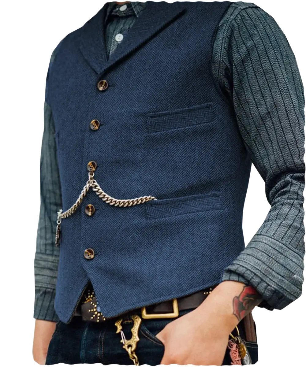 Navy blue herringbone wool mens tweed suit vest waistcoat with brass buttons and chain pocket accessory