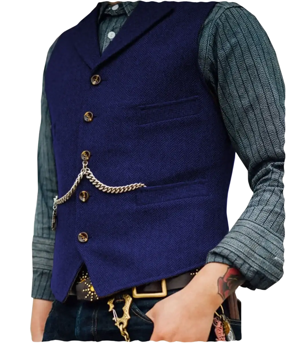 Mens herringbone tweed suit vest waistcoat in navy blue textured wool with gold-toned buttons and chain pocket