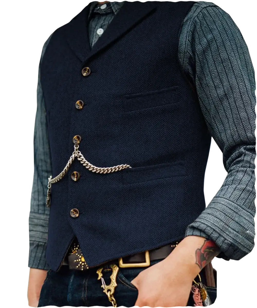 Navy blue textured wool mens herringbone tweed suit vest with gold-toned buttons and chain pocket detail