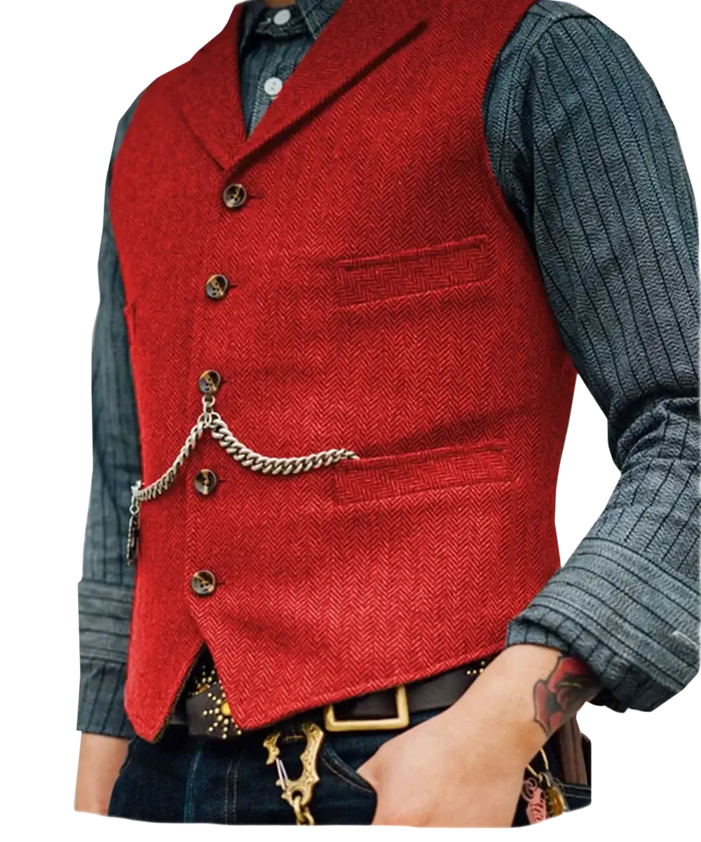 Mens herringbone tweed suit vest waistcoat in red wool with dark brown buttons and silver chain detail