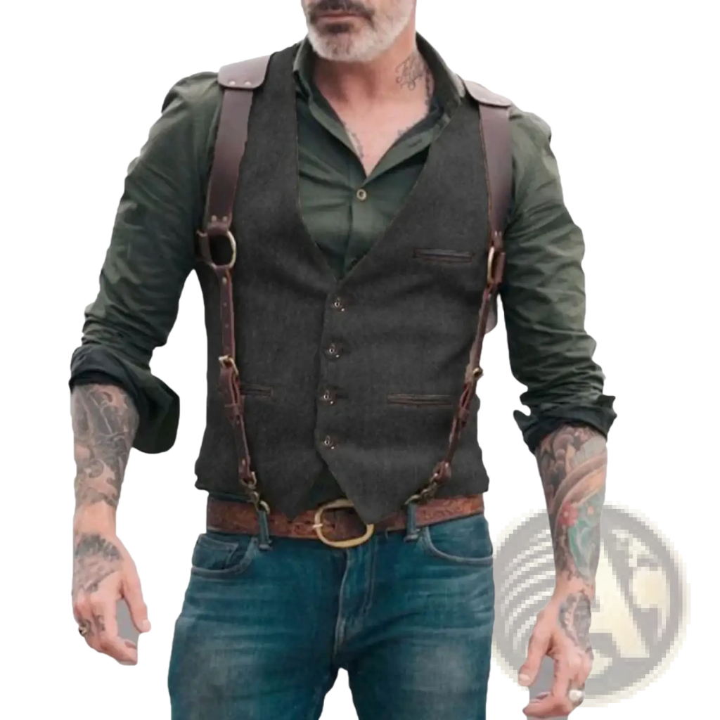 Mens herringbone tweed western vest in dark gray wool with brown leather suspenders and matching belt shown from the back