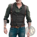 Mens herringbone tweed western vest in dark gray wool with brown leather suspenders and matching belt shown from the back