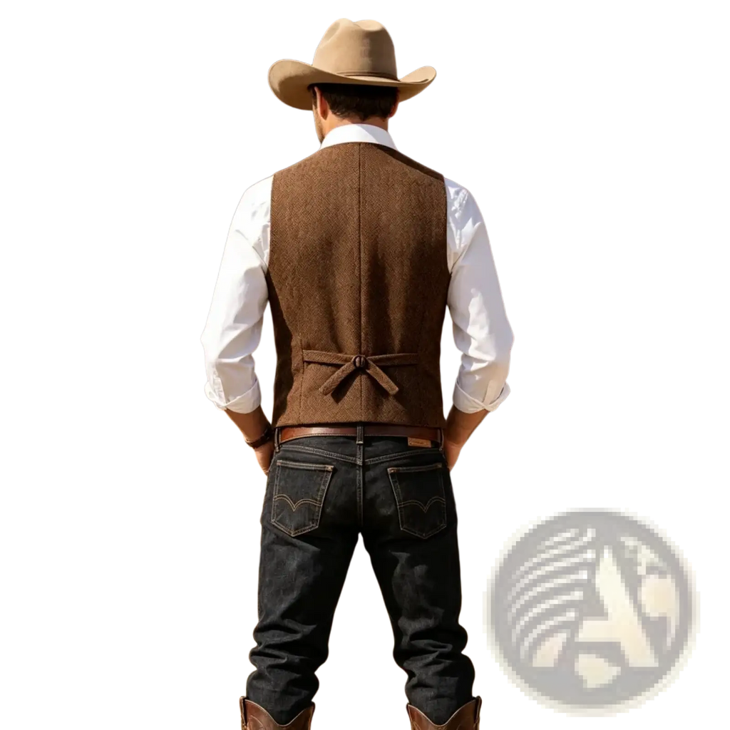 Brown textured wool herringbone tweed western vest for men with a tied waistband