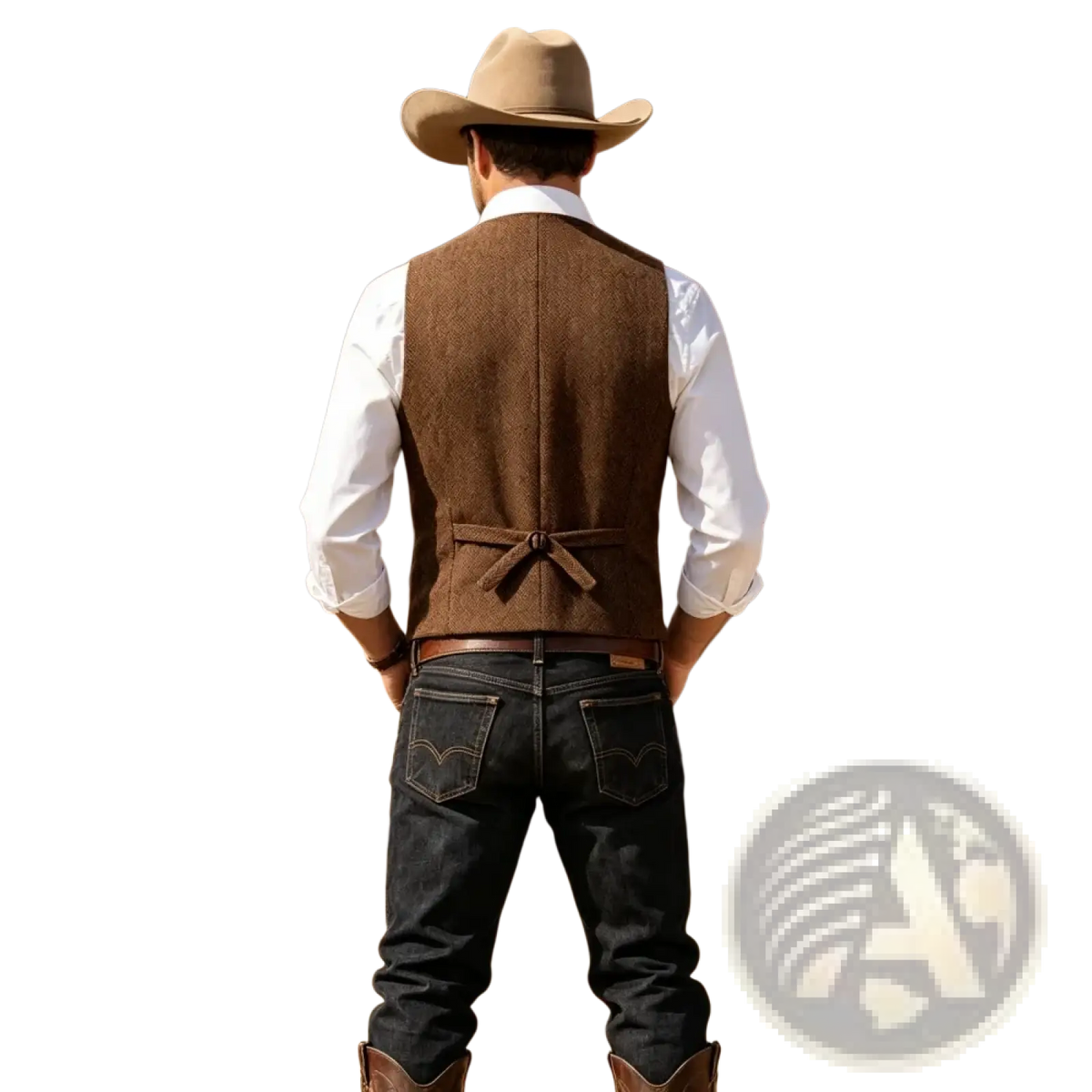 Brown textured wool herringbone tweed western vest for men with a tied waistband