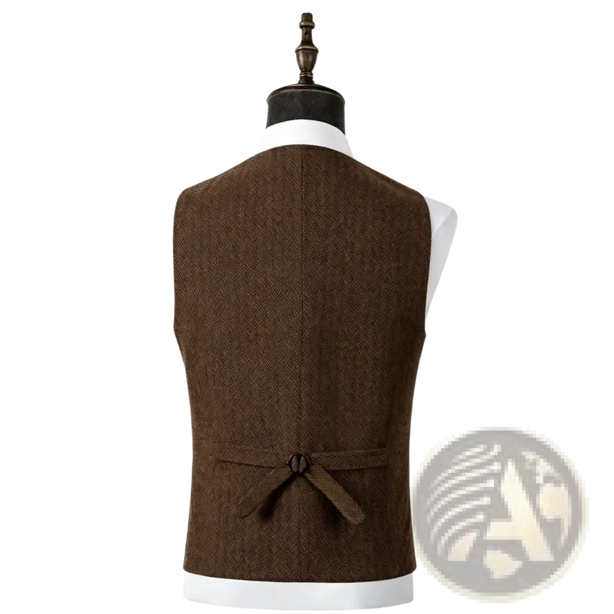 Mens herringbone tweed western vest in brown wool with a tied waistband is a stylish layered garment