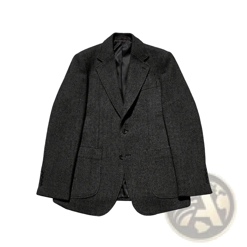 Men’s dark gray herringbone wool blazer with notched lapels and two front buttons for formal wear
