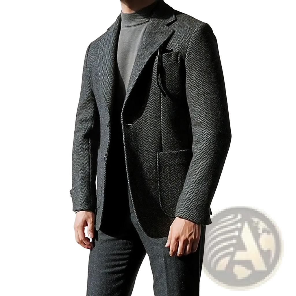 Men’s dark gray herringbone wool blazer featuring a classic single-breasted design for formal wear
