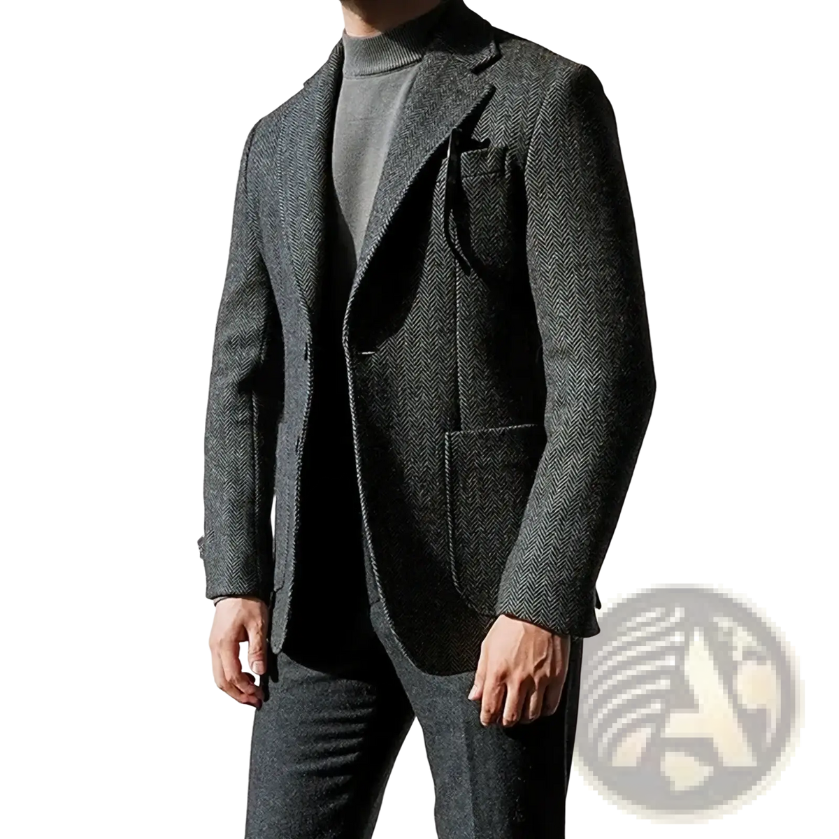 Men’s dark gray herringbone wool blazer featuring a classic single-breasted design for formal wear