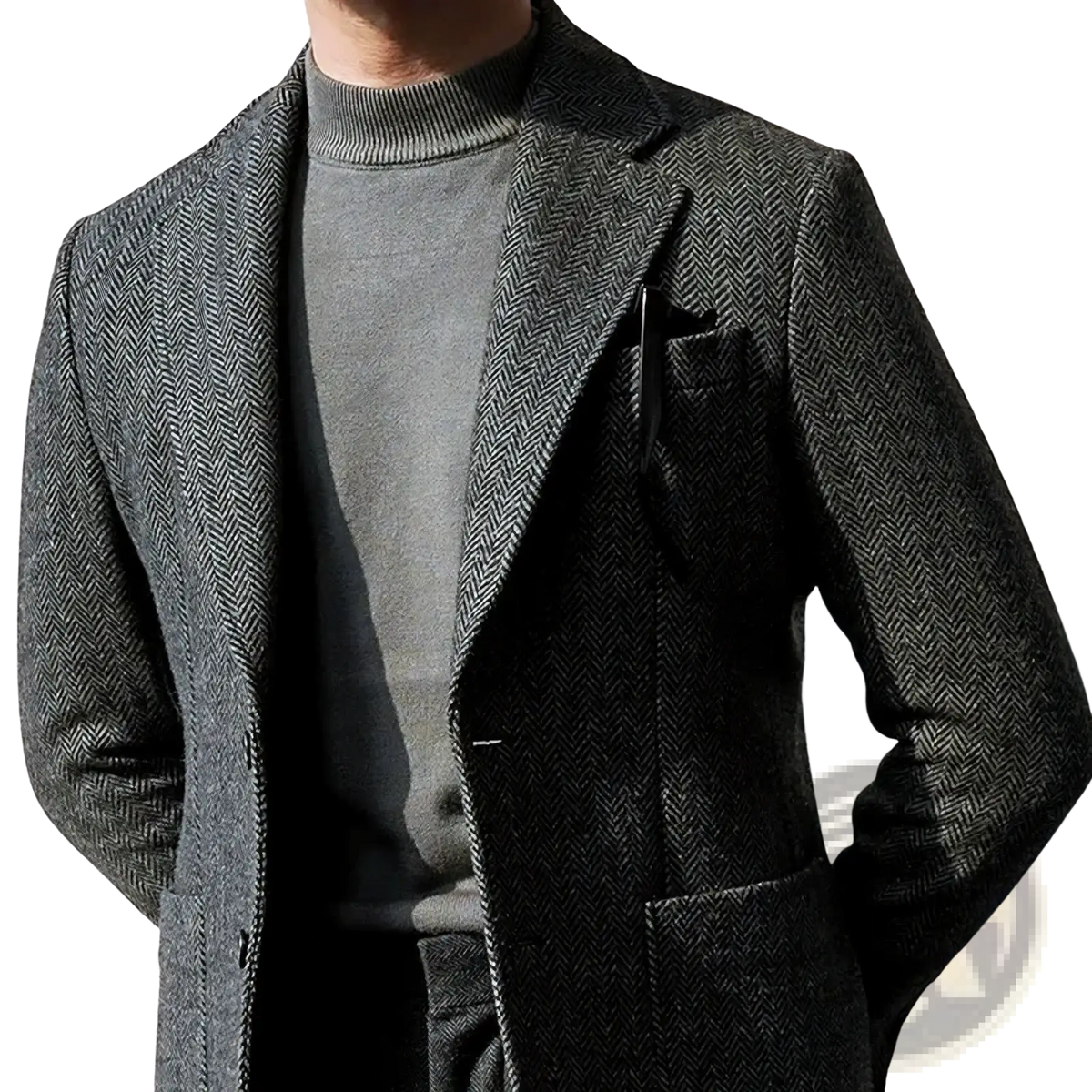Men’s dark gray herringbone wool blazer with structured fit and notched lapels for formal wear