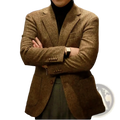 Men’s brown herringbone wool blazer with classic fit and notched lapels for formal and business occasions