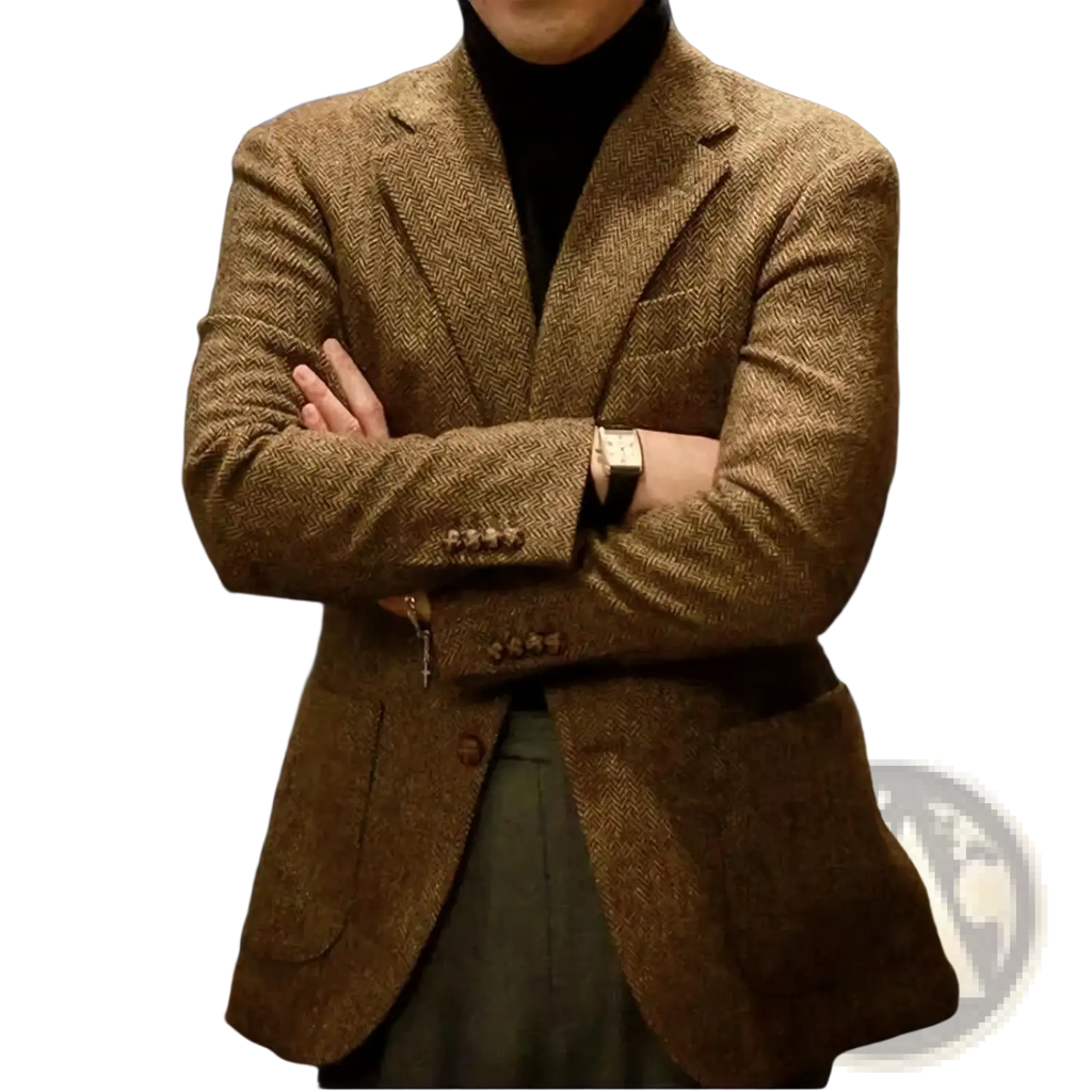 Men’s brown herringbone wool blazer with classic fit and notched lapels perfect for formal occasions