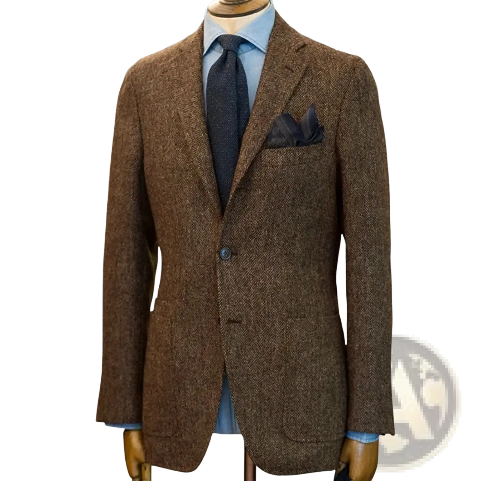 Men’s herringbone wool blazer slim fit suit coat in brown with single button closure and matching pocket square