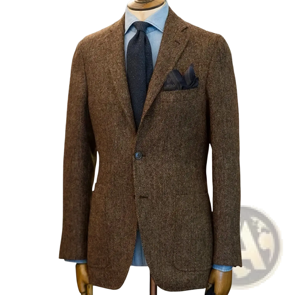 Men’s slim fit brown herringbone wool blazer with single button closure and matching pocket square