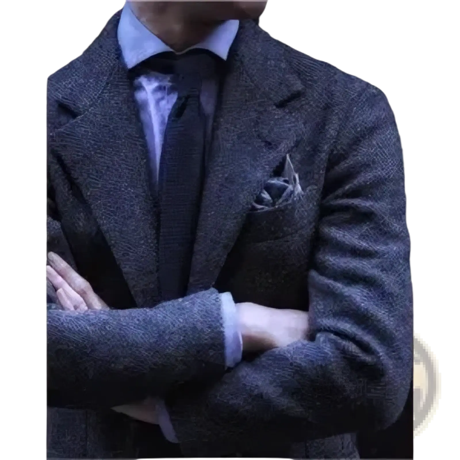 Men’s dark gray herringbone wool blazer slim fit suit coat with subtle pattern and matching pocket square
