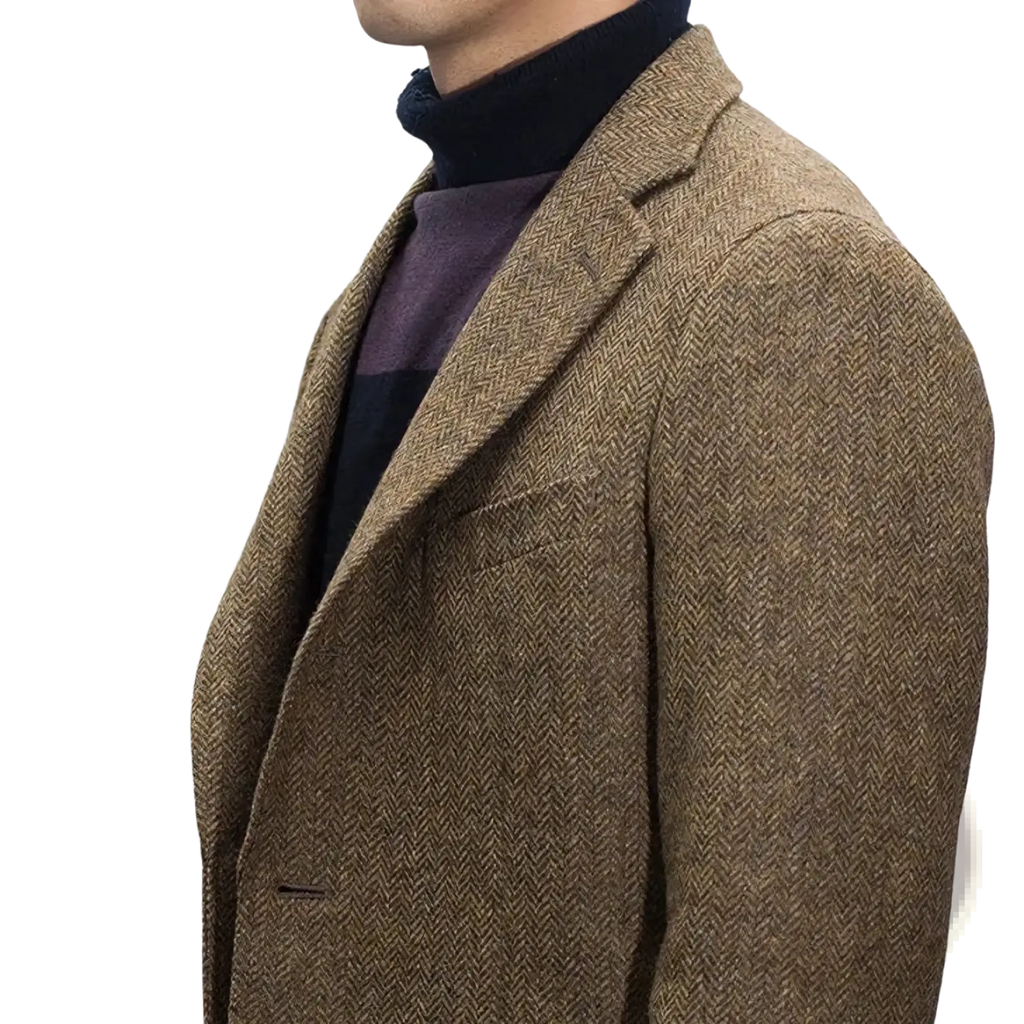 A tan herringbone wool blazer with a classic notched lapel and single-breasted slim fit design for men