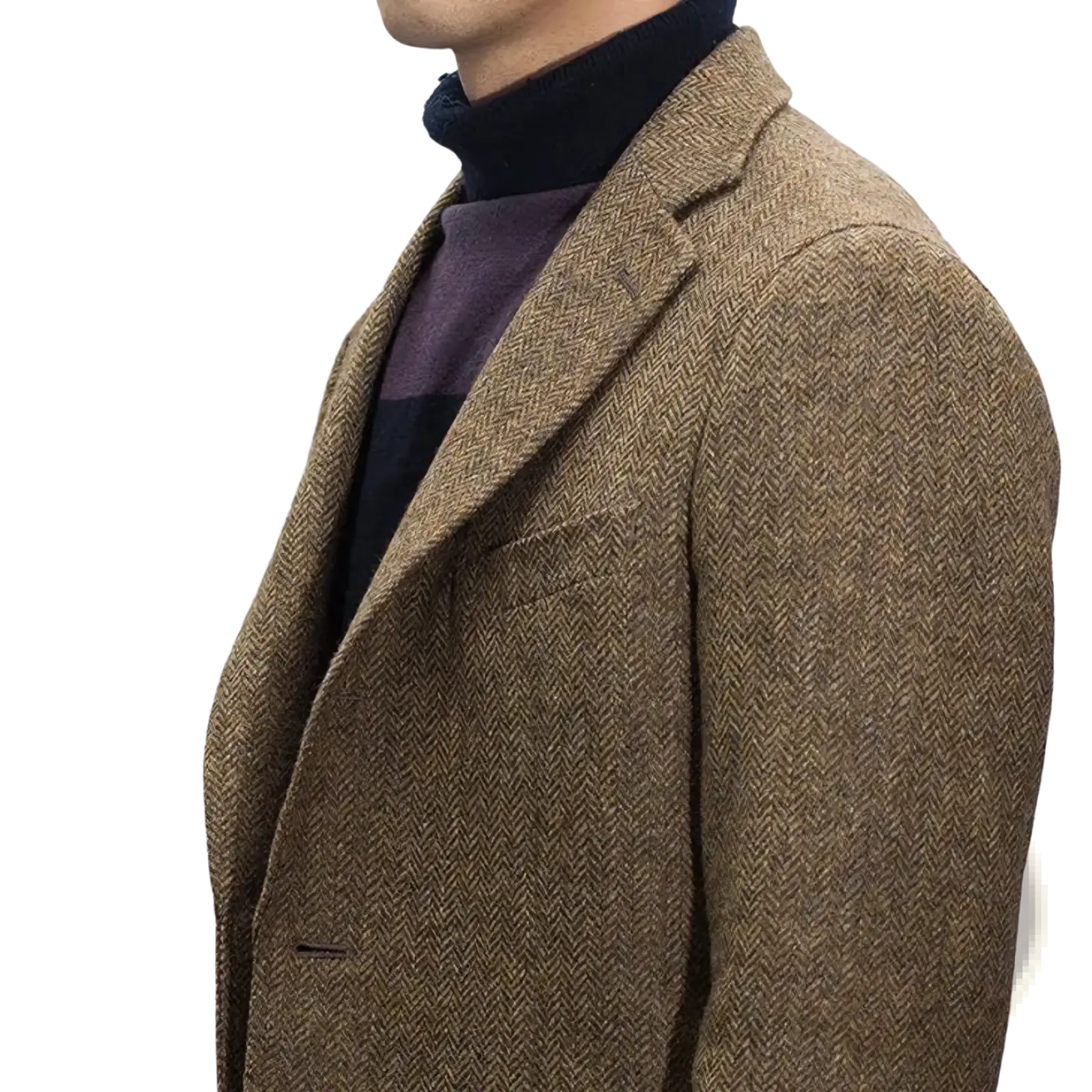 A tan herringbone wool blazer with a classic notched lapel and single-breasted slim fit design for men