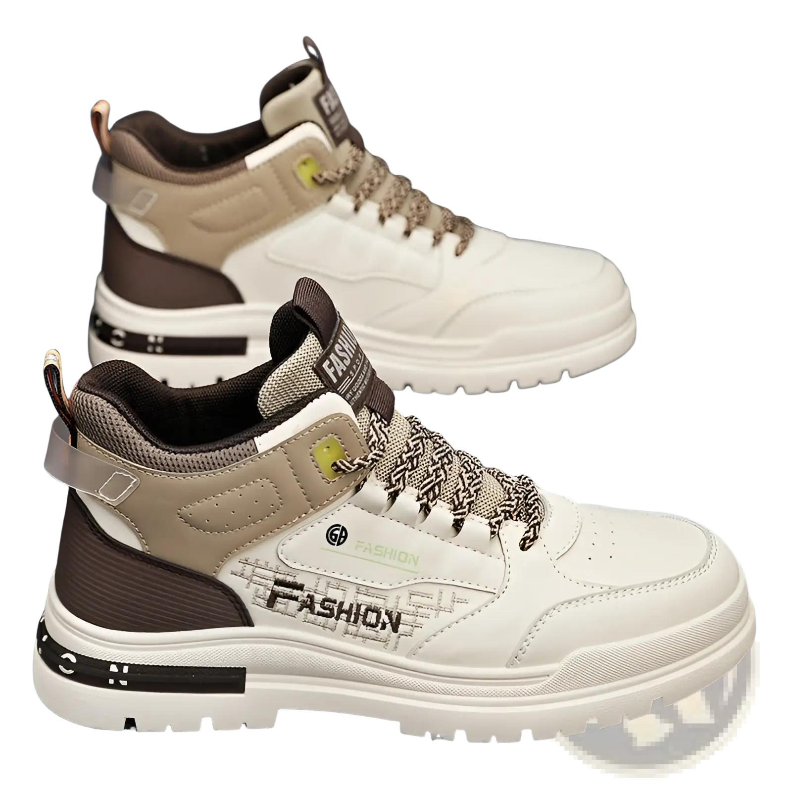 Men’s high-top chunky elevator sneakers xb13 in white and beige with brown accents and fashion branding on the side