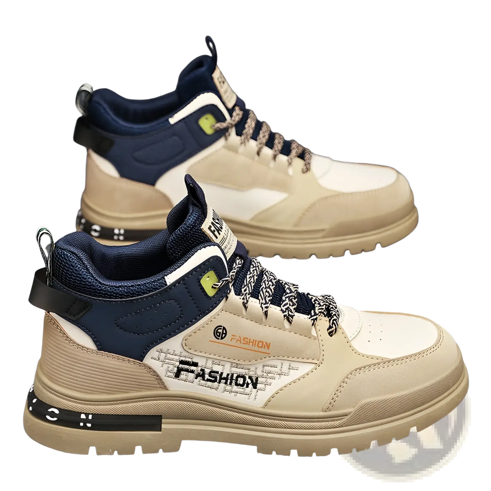 Men’s high-top chunky elevator sneakers xb13 in beige and navy blue with fashion branding on the side