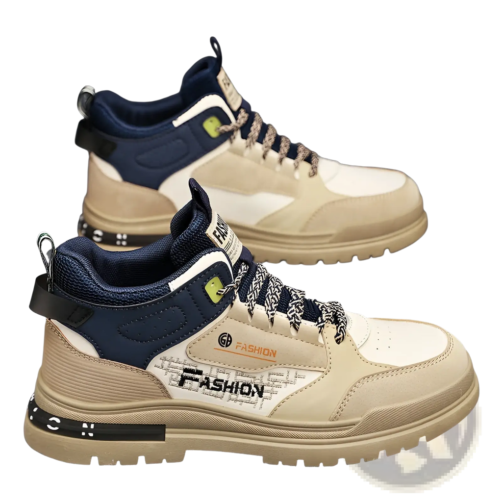 Men’s high-top chunky elevator sneakers xb13 in beige and navy blue with a thick sole and fashion branding on the side