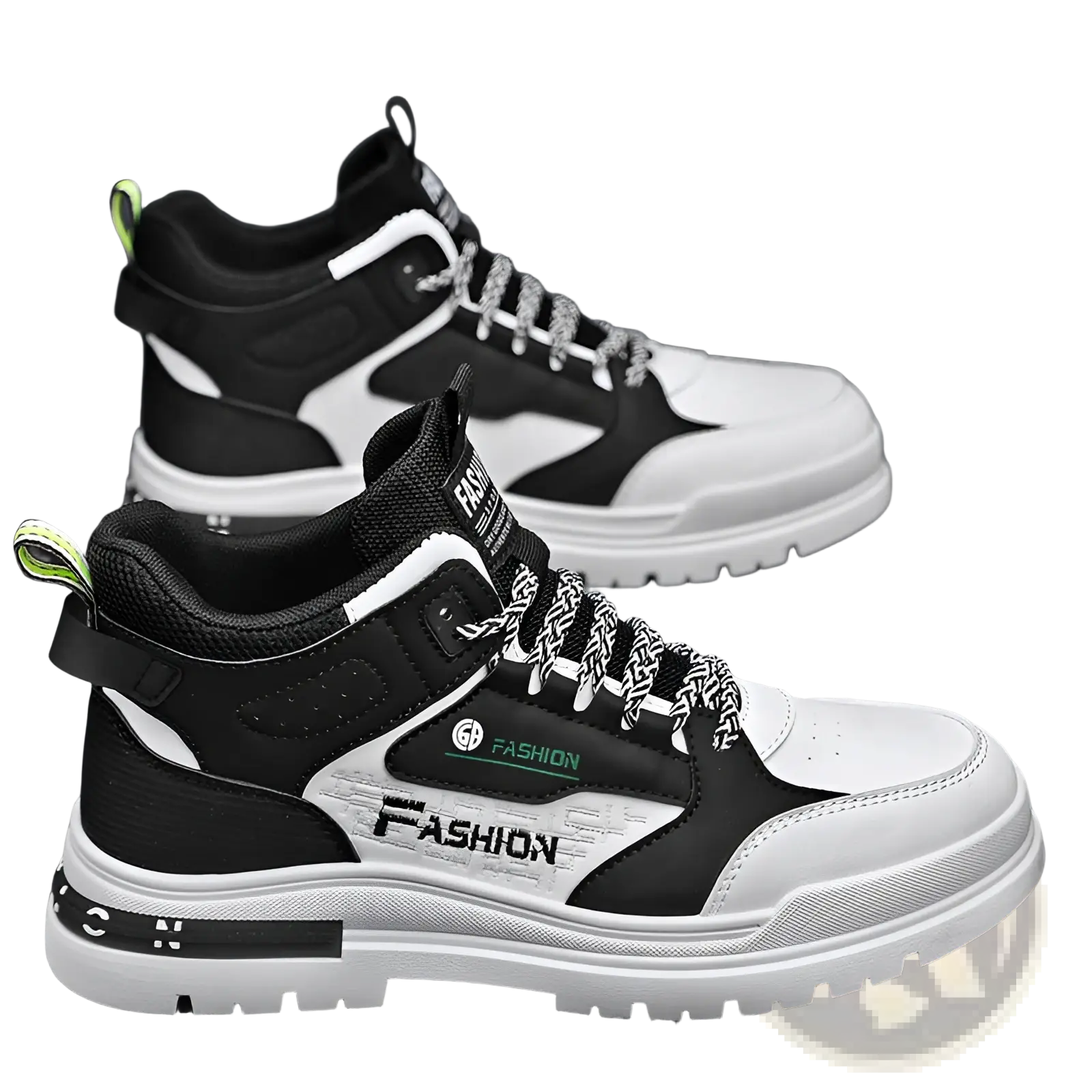 Men’s high-top chunky elevator sneakers xb13 in black and white with green and black fashion branding on the side