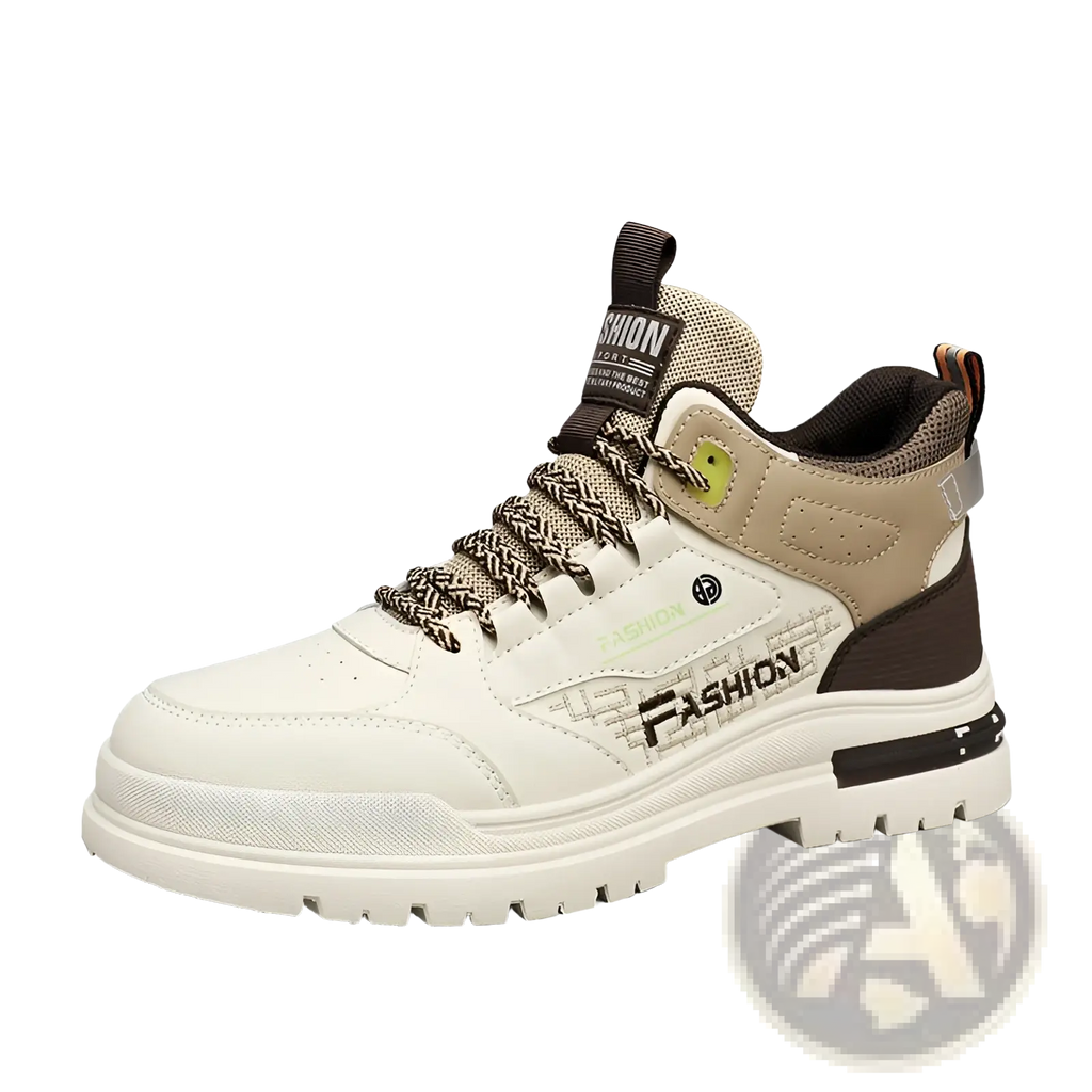 Men’s high-top chunky elevator sneakers xb13 in white and beige with brown accents and fashion branding on the side