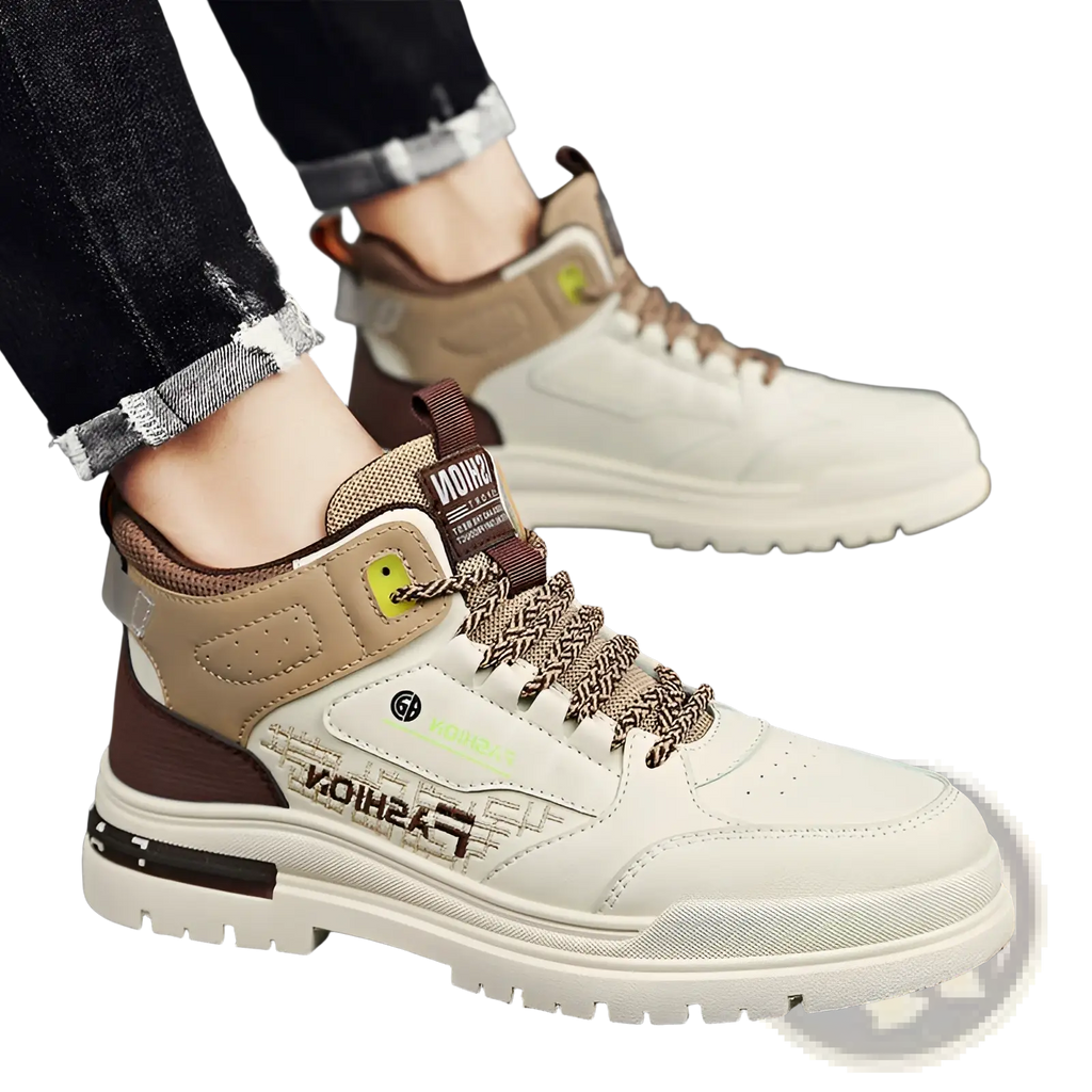 Men’s high-top chunky elevator sneaker in white and tan with brown accents textured laces and brand logo detailing