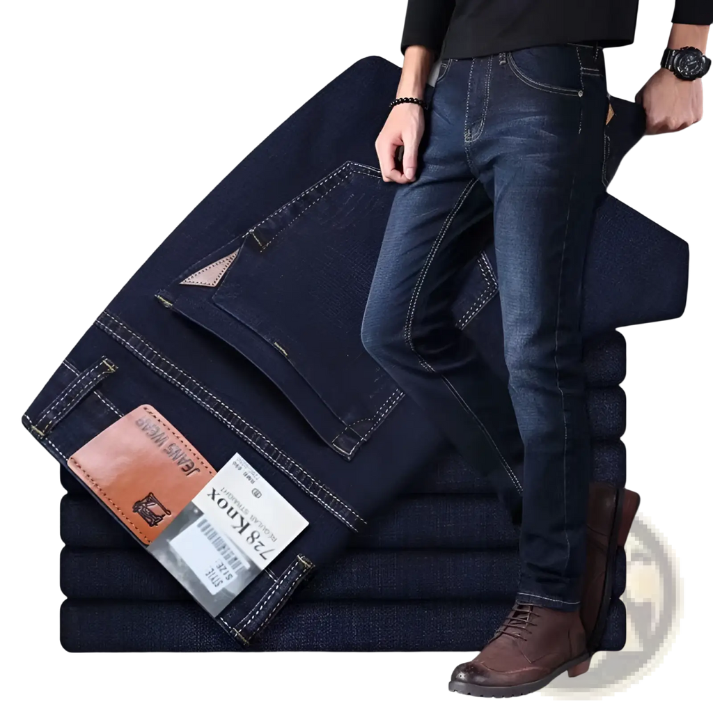 Men’s dark blue denim high waist slim fit elastic business casual jeans with classic design and brown leather patch back view