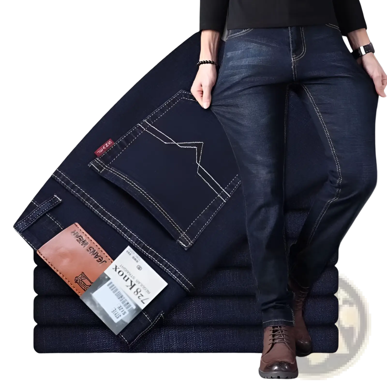 Men’s high waist slim fit elastic dark blue denim jeans with white stitching and brown leather brand tag for business casual wear