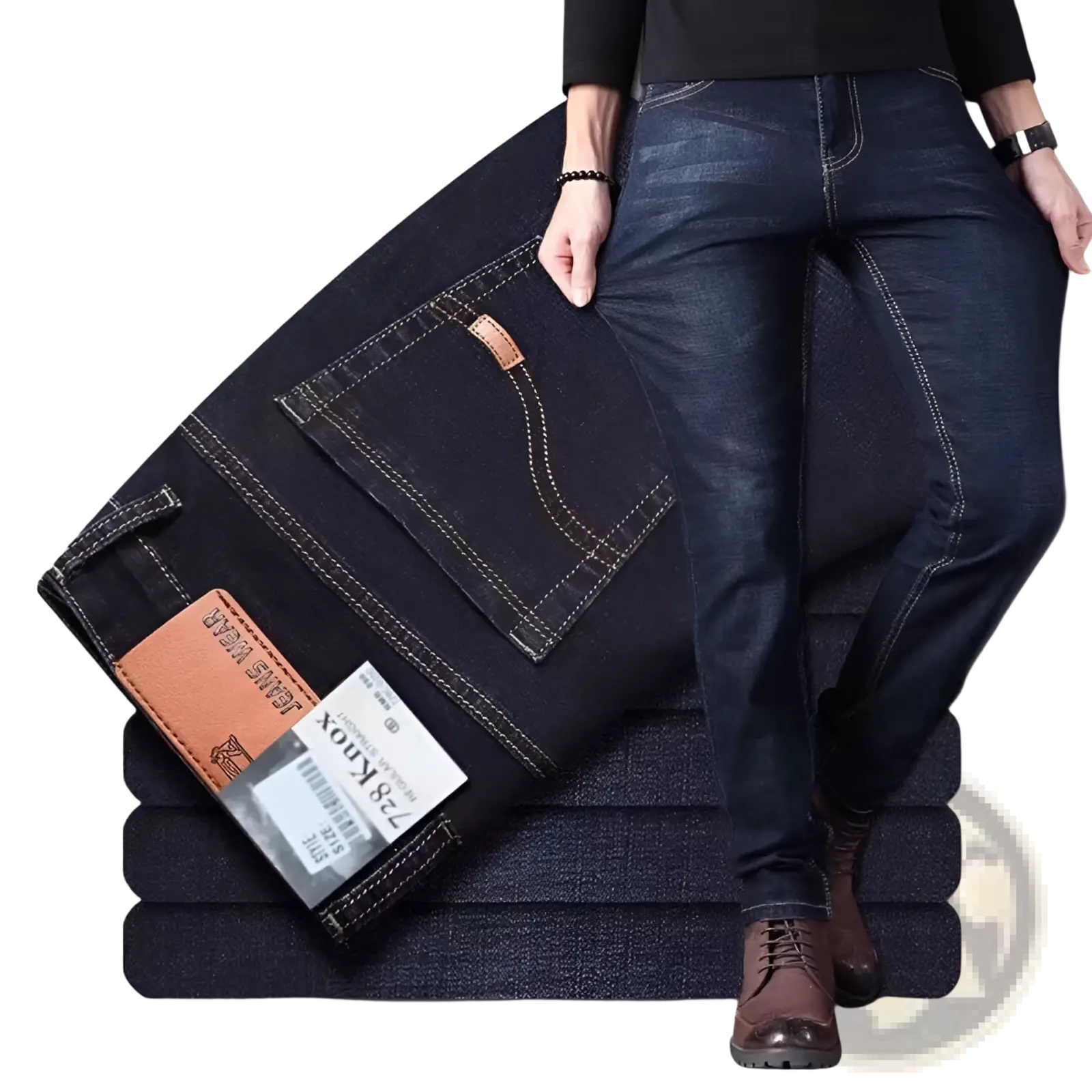 Men’s high waist slim fit elastic dark blue denim jeans with a classic design and brown leather brand patch on the back