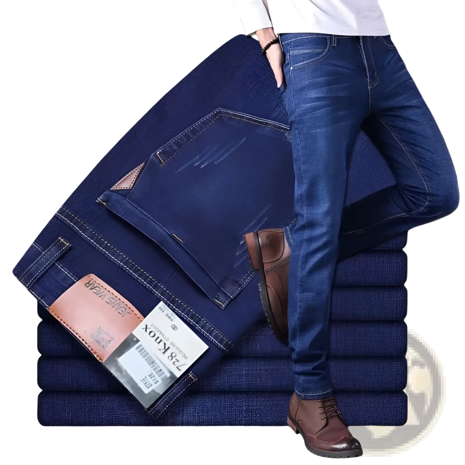 Men’s high waist slim fit elastic business casual dark blue denim jeans with five-pocket design and brown leather patch