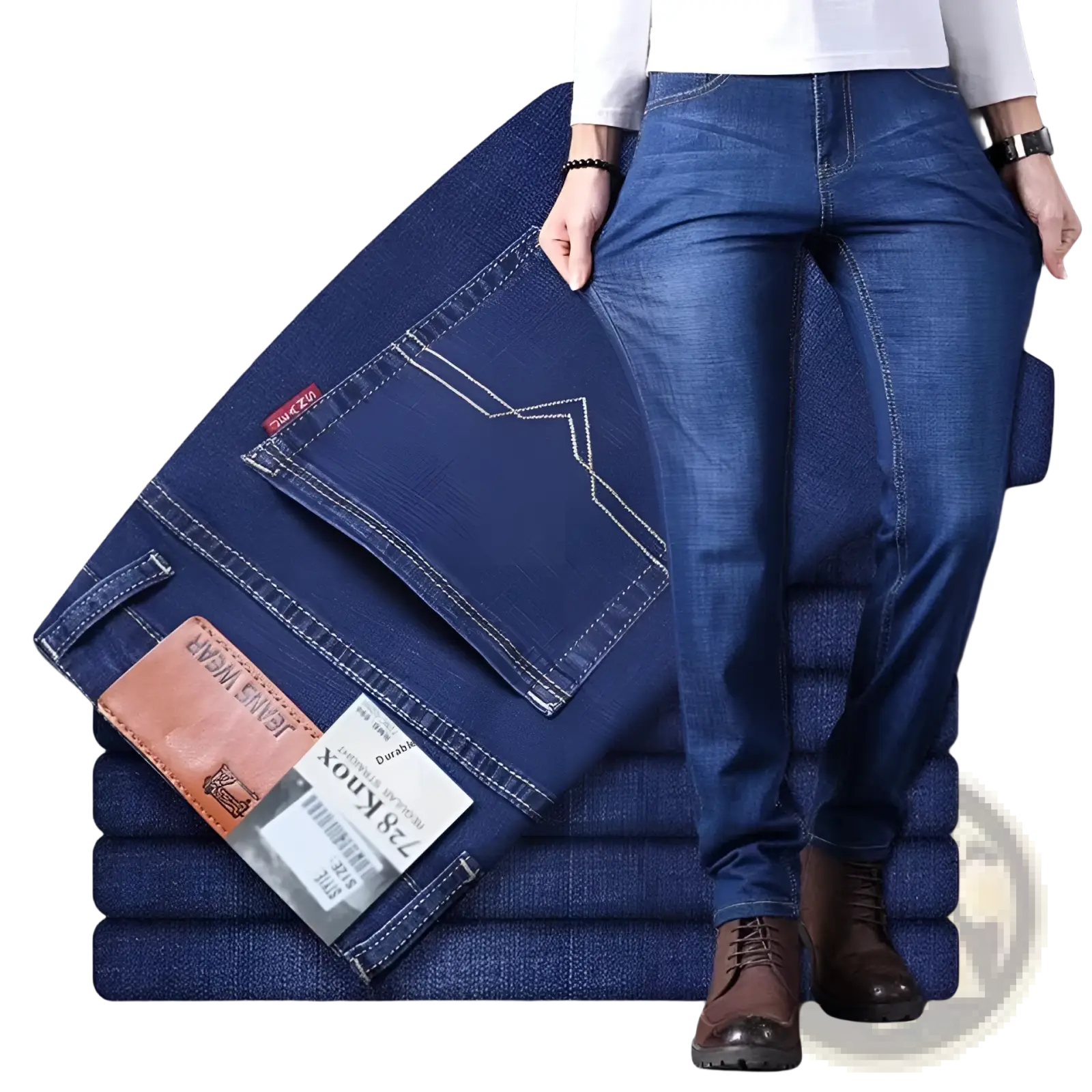 A pair of men’s high waist slim fit elastic dark blue denim jeans with white stitching and brown leather patch