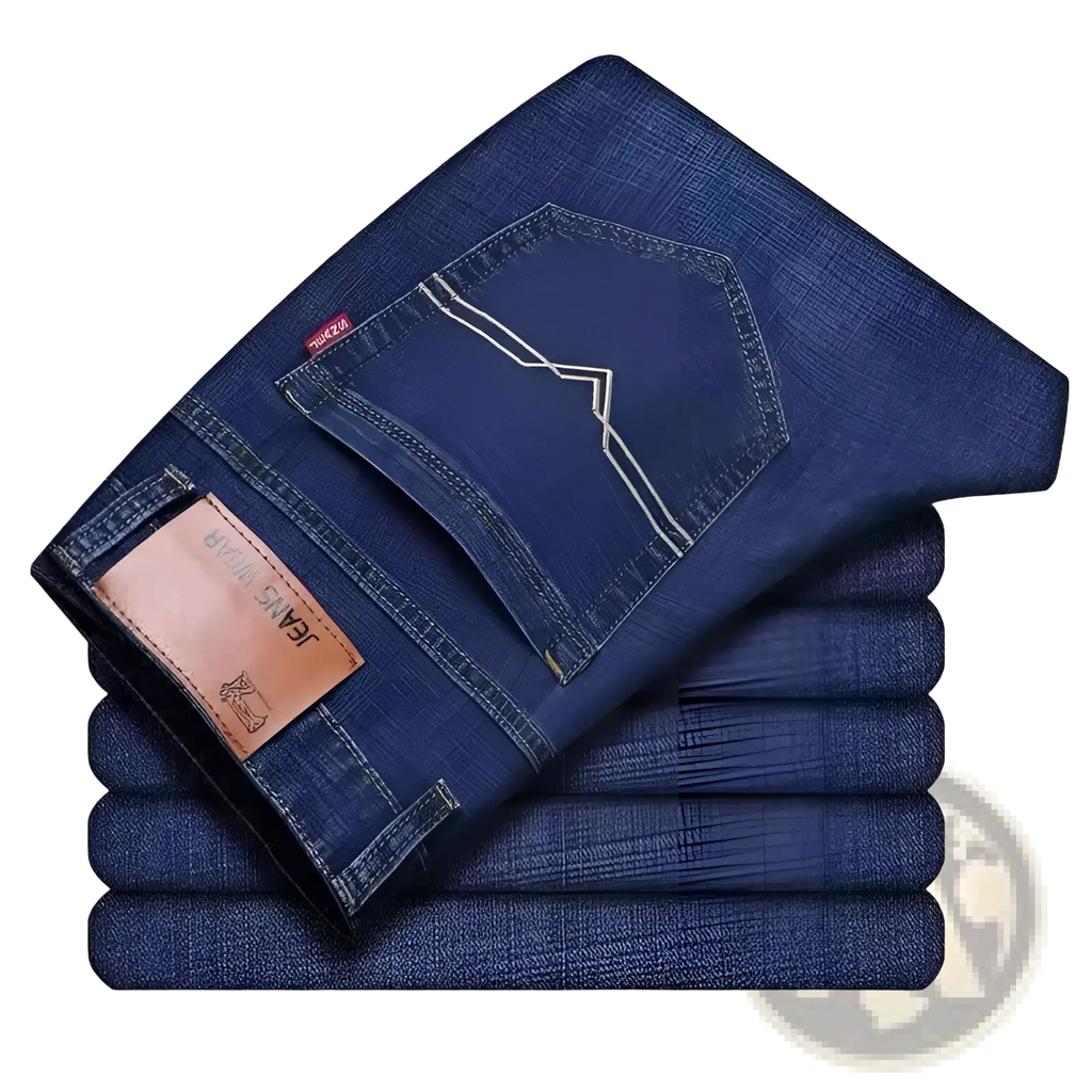 Back side of men’s high waist slim fit dark blue denim jeans with brown leather patch and white stitching on pocket
