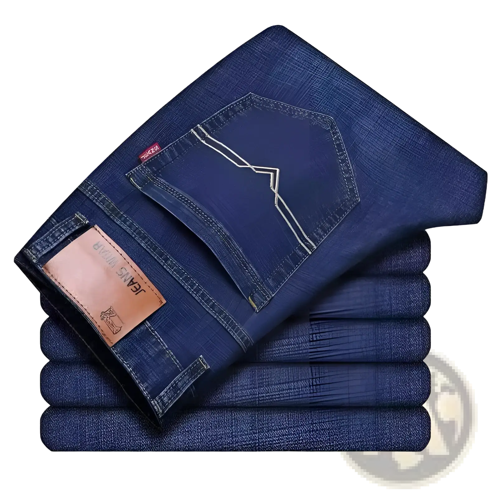 Back side of men’s high waist slim fit dark blue denim jeans with brown leather patch and white stitching on pocket