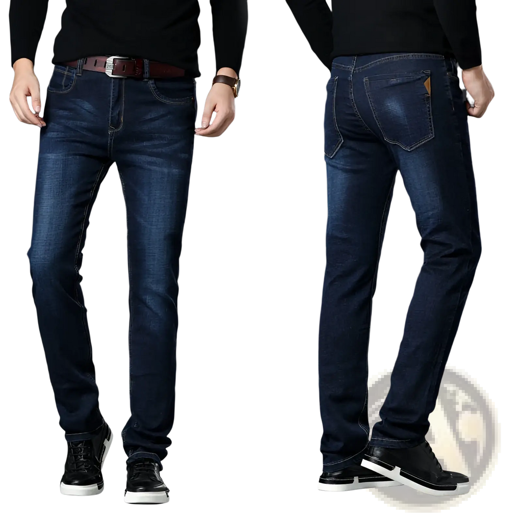 Men’s high waist slim fit dark blue denim jeans with subtle fading and a brown leather belt loop for business casual wear