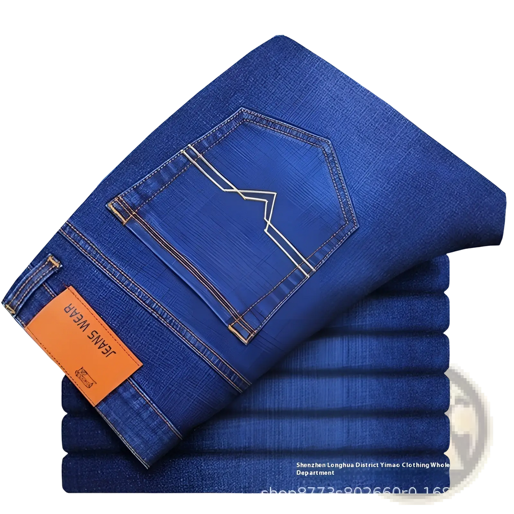 Men’s high waist slim fit deep blue denim jeans with classic five-pocket design contrasting stitching and orange brand label
