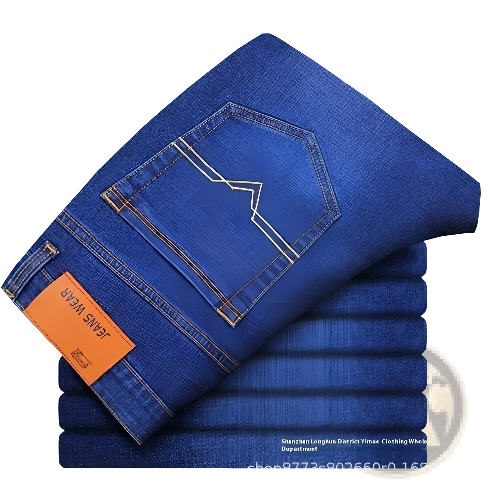 Men’s high waist slim fit deep blue denim jeans with classic five-pocket design contrasting stitching and orange brand label