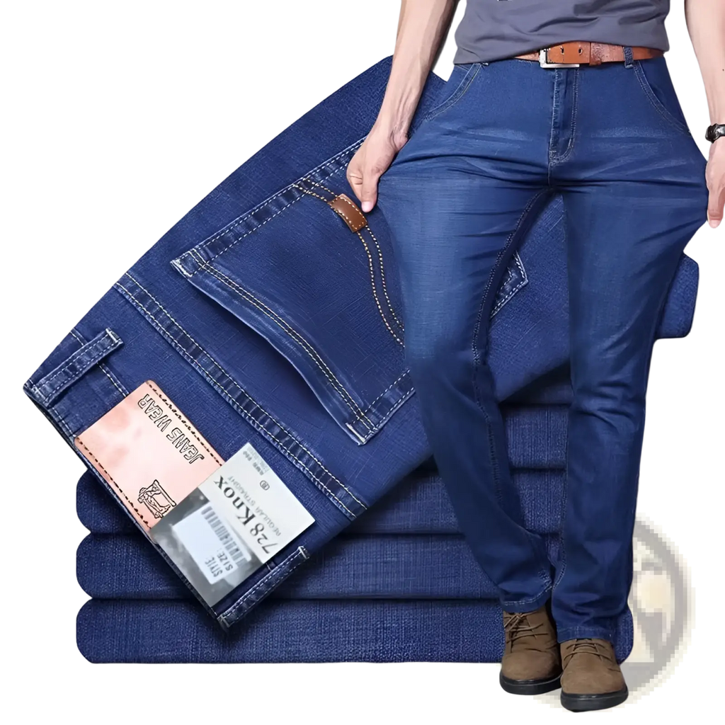 Men’s high waist slim fit elastic dark blue denim jeans with classic five-pocket design and brown leather brand patch
